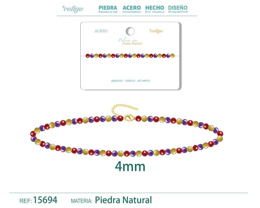 [15694] Pulsera de Carneola, Jade amarillo y Amatista 4mm - Pulsera de acero de moda