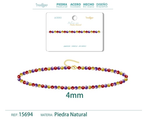 [15694] Pulsera de carneola, jade amarillo y amatista de 4 mm - Joyería de moda y pulseras