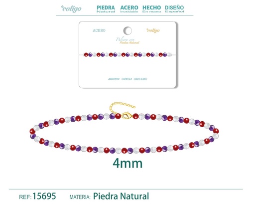 [15695] Pulsera de Carneola, Amatista y Cuarzo blanco 4mm - Pulsera de acero de moda