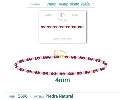 [15696] Pulsera de Carneola, Amatista y Cuarzo rosa 4mm - Pulsera de acero de moda