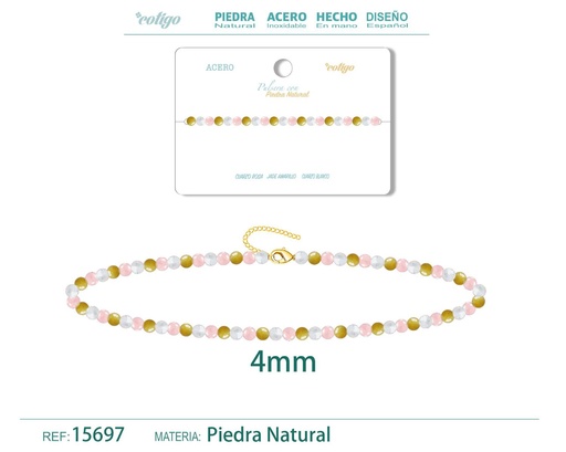 [15697] Pulsera de Jade amarillo, Cuarzo rosa y Cuarzo blanco 4mm - Pulsera de acero de moda