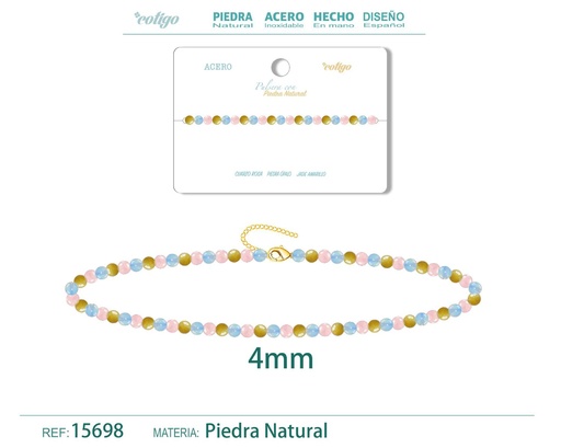 [15698] Pulsera de Jade amarillo, Cuarzo rosa y Opalina 4mm - Pulsera de acero de moda