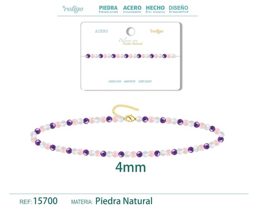 [15700] Pulsera de Cuarzo rosa, Amatista y Cuarzo blanco - Pulsera de acero de moda