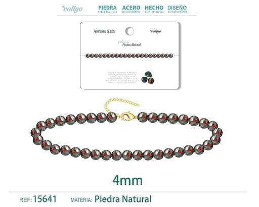 [15641] Pulsera de sangre de África 4 mm - Joyería de piedra natural y acero