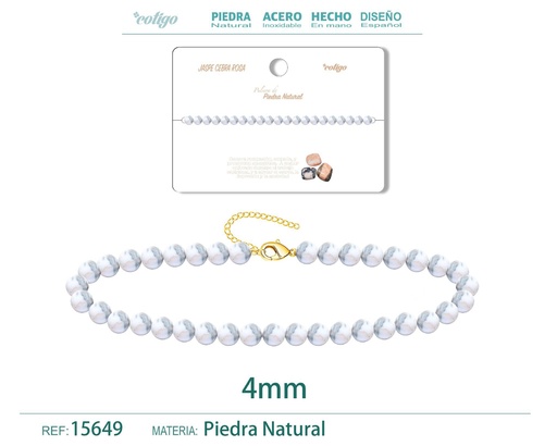 [15649] Pulsera de jaspe cebra rosa 4 mm - Joyería de piedra natural y acero