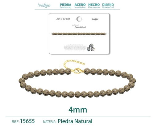 [15655] Pulsera de jaspe de red negra 4 mm - Joyería de piedra natural y acero