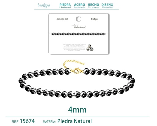 [15674] Pulsera de Piedra Blanco-Negra 4 mm - Joyería de moda y accesorios