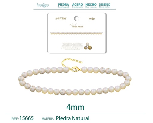 [15665] Pulsera de ágata de bambú 4 mm - Joyería de piedra natural y acero