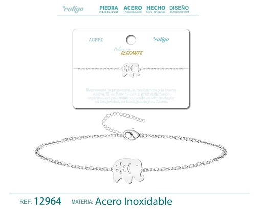 [12964] Pulsera de Acero Plateado con Elefante - Joyería de acero y accesorios