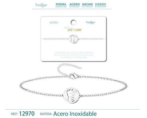 [12970] Pulsera de Acero Plateado con Sol y Luna - Joyería de acero y accesorios