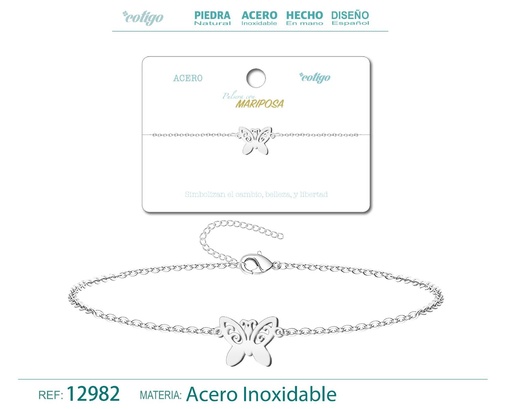 [12982] Pulsera de Acero Plateado con Mariposa - Joyería de acero y accesorios