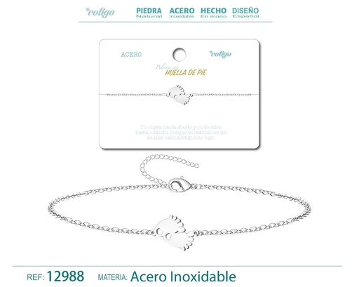 [12988] Pulsera de Acero Plateado con Huella de Pie - Joyería de acero y accesorios