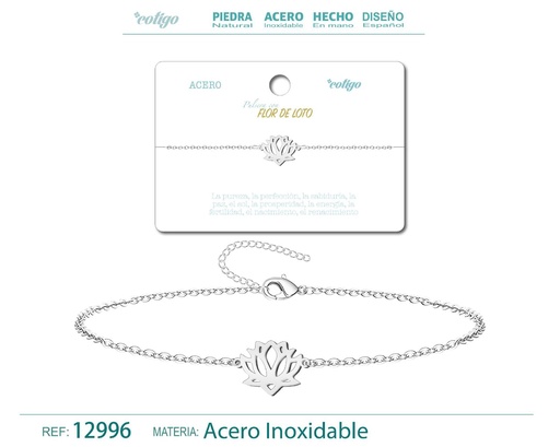 [12996] Pulsera de Acero Plateado con Flor de Loto - Joyería de acero y accesorios