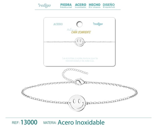 [13000] Pulsera de Acero Plateado con Cara Sonriente - Joyería de acero y accesorios