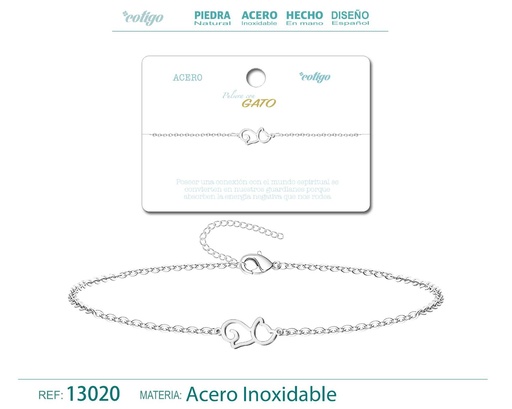 [13020] Pulsera de Acero Plateado con Gato - Joyería de acero y accesorios