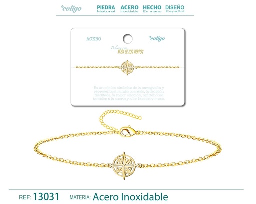 [13031] Pulsera de Acero Dorado con Rosa de los Vientos - Joyería de acero y accesorios