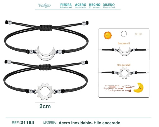 [21184] Pulsera Luna-Sol Plateada con Hilo Negro - Pulsera de Amistad