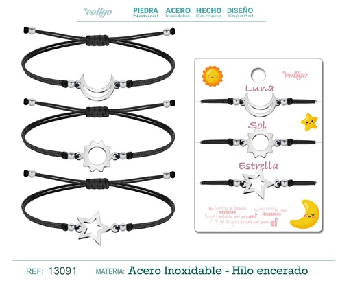 [13091] Pulsera Amistad Estrella-Luna-Sol Plateada con Hilo Negro - Pulsera de Amistad