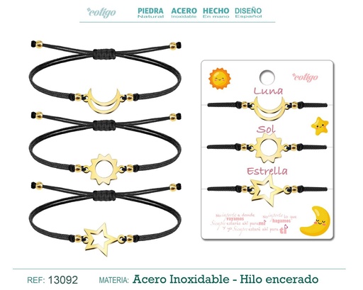 [13092] Pulsera Amistad Estrella-Luna-Sol Dorada con Hilo Negro - Pulsera de Amistad