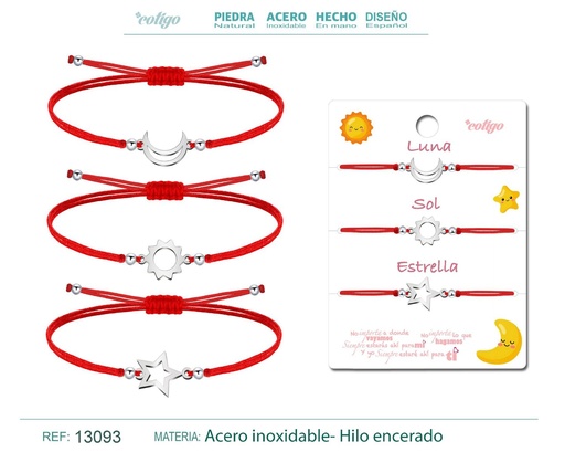 [13093] Pulsera Amistad Estrella-Luna-Sol Plateada con Hilo Rojo - Pulsera de Amistad