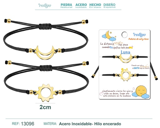 [13096] Pulsera Amistad Luna-Sol Dorada con Hilo Negro - Pulsera de Amistad