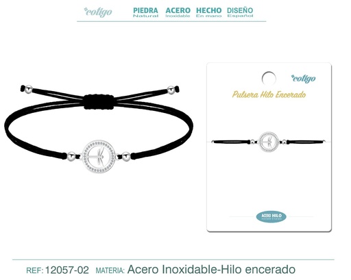 [12057-02] Pulsera Hilo Encerado Negra con Accesorio de Acero y Stras - Pulsera Hilo Encerado