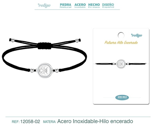 [12058-02] Pulsera Hilo Encerado Negra con Accesorio de Acero y Stras - Pulsera Hilo Encerado