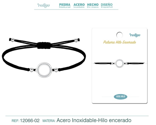 [12066-02] Pulsera Hilo Encerado Negra con Accesorio de Acero y Stras - Pulsera Hilo Encerado