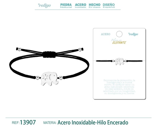 [13907] Pulsera Elefante Plateado de Hilo Encerado Negro - Pulsera Hilo Encerado