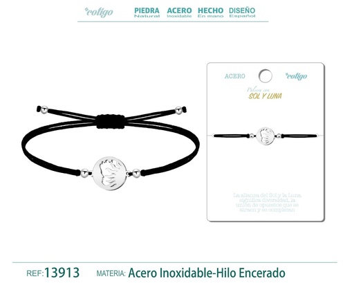 [13913] Pulsera Sol y Luna Plateado de Hilo Encerado Negro - Pulsera Hilo Encerado