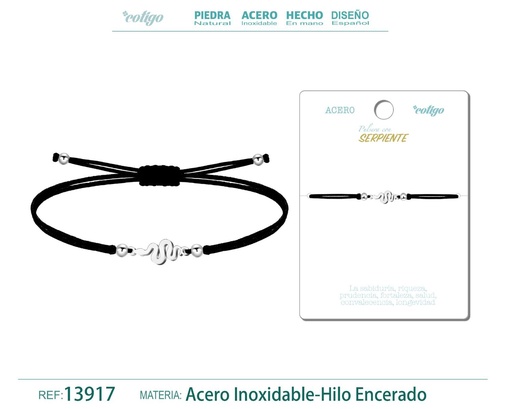 [13917] Pulsera Serpiente Plateado de Hilo Encerado Negro - Pulsera Hilo Encerado