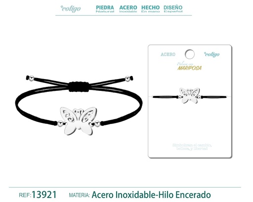 [13921] Pulsera Mariposa Plateado de Hilo Encerado Negro - Pulsera Hilo Encerado