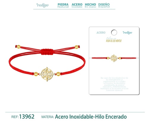 [13962] Pulsera Rosa de los Vientos Dorada de Hilo Encerado Rojo - Pulsera Hilo Encerado