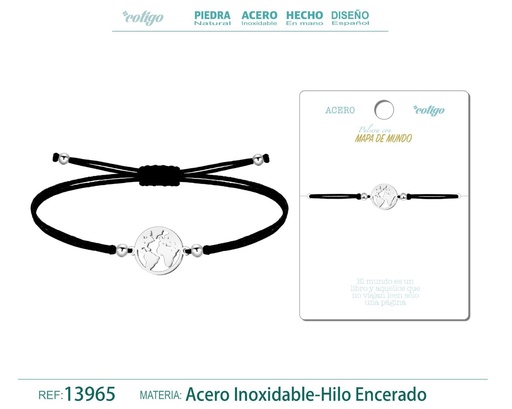 [13965] Pulsera Mapa de Mundo Plateado de Hilo Encerado Negro - Pulsera Hilo Encerado