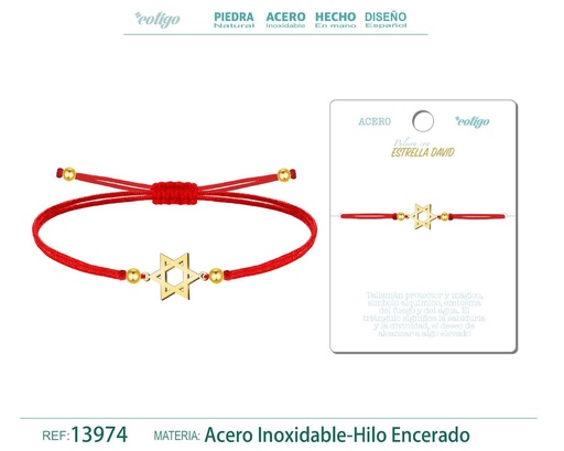 [13974] Pulsera Estrella de David Dorada de Hilo Encerado Rojo - Pulsera Hilo Encerado