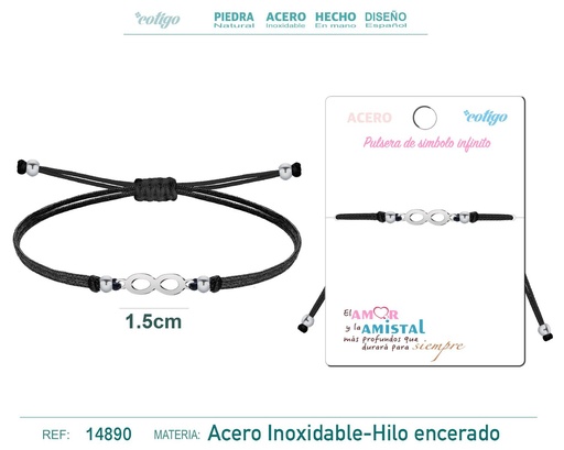 [14890] Pulsera de hilo encerado negro con símbolo infinito plateado - Accesorios que simbolizan la eternidad