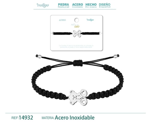 [14932] Pulsera de hilo destino con oso acero plateado - Joyería que simboliza fuerza y valentía