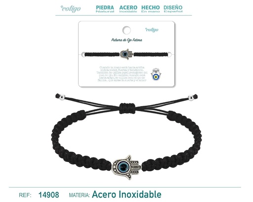 [14908] Pulsera de hilo trenzado negro con mano de Fátima - Joyería de protección cultural