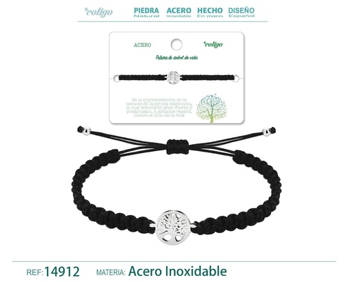 [14912] Pulsera de hilo trenzado negro con árbol de vida plateado - Joyería que representa conexión y vida