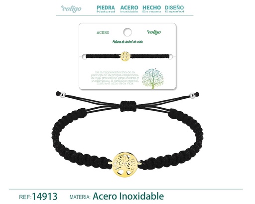 [14913] Pulsera de hilo trenzado negro con árbol de vida dorado - Accesorios que simbolizan crecimiento y vida