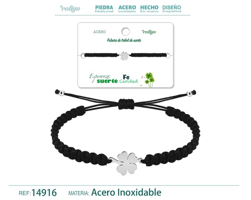 [14916] Pulsera de hilo trenzado negro con trébol de cuatro hojas plateado - Joyería que aporta buena suerte