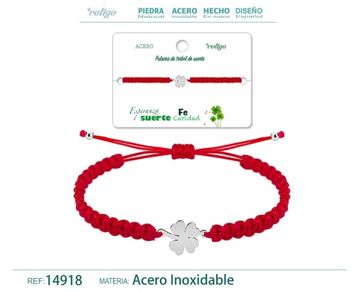 [14918] Pulsera de hilo trenzado rojo con trébol de cuatro hojas plateado - Joyería que simboliza esperanza