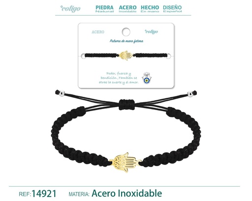 [14921] Pulsera de hilo trenzado negro con mano de Fátima dorado - Accesorios que ofrecen seguridad