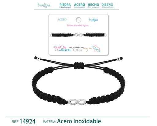 [14924] Pulsera de hilo trenzado negro con símbolo infinito plateado - Joyería que representa el amor eterno