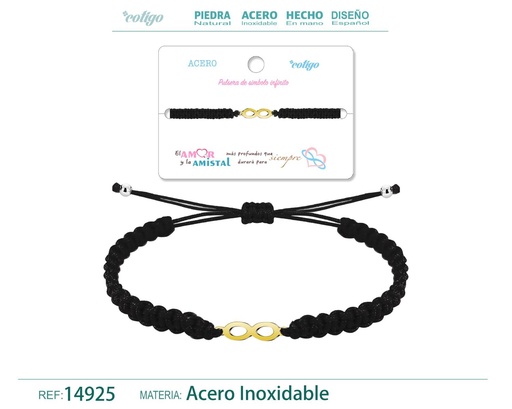 [14925] Pulsera de hilo trenzado negro con símbolo infinito dorado - Accesorios que simbolizan la perpetuidad