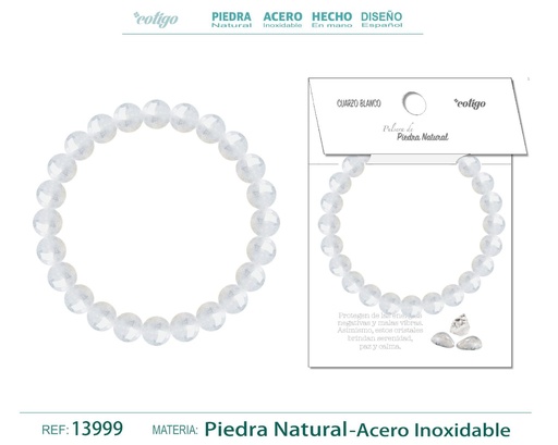 [13999] Pulsera de piedra Cuarzo blanco redonda 8mm - Joyería de minerales y accesorios