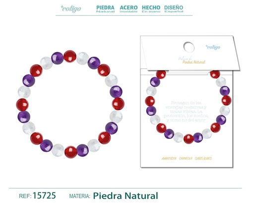 [15725] Pulsera de piedra Carneola + Amatista + Cuarzo blanco - Joyería de minerales y accesorios