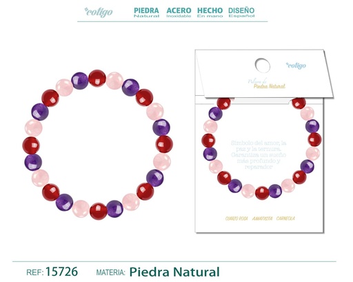 [15726] Pulsera de piedra Carneola + Amatista + Cuarzo rosa - Joyería de minerales y accesorios