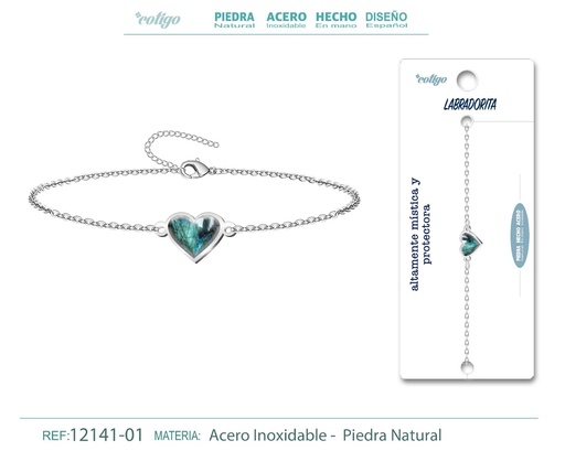 [12141-01] Pulsera corazón con Labradorita - Plateada - Joyería de minerales y accesorios