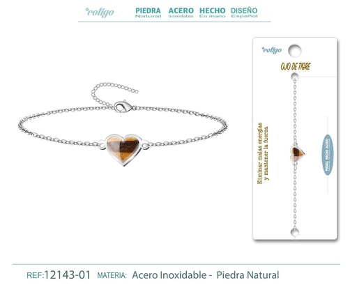 [12143-01] Pulsera corazón con Ojo de tigre - Plateada - Joyería de minerales y accesorios